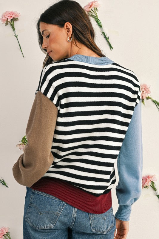 Striped Colorblock Patchwork Long Sleeve Sweater | Daverri Fashions