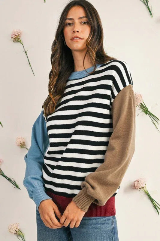 Striped Colorblock Patchwork Long Sleeve Sweater - DAVERRI FASHIONS