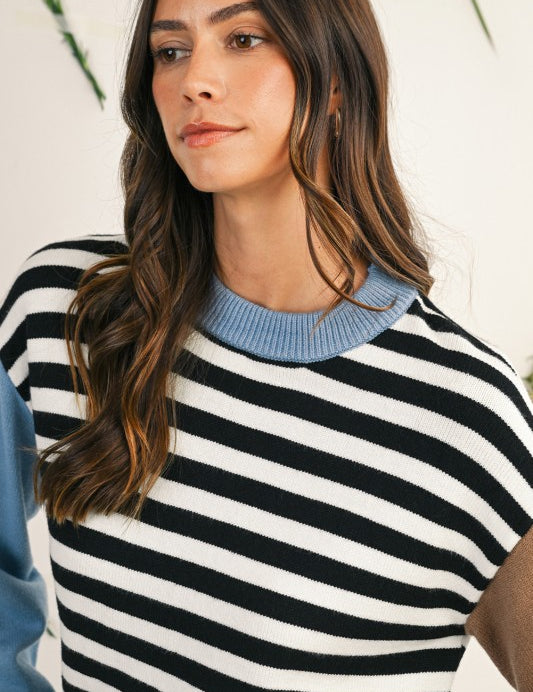 Striped Colorblock Patchwork Long Sleeve Sweater | Daverri Fashions