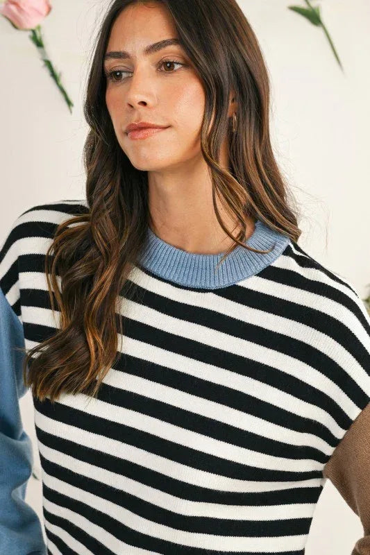Striped Colorblock Patchwork Long Sleeve Sweater - DAVERRI FASHIONS