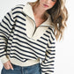 Cozy off-white and navy blue striped half-zip pointelle knit sweater