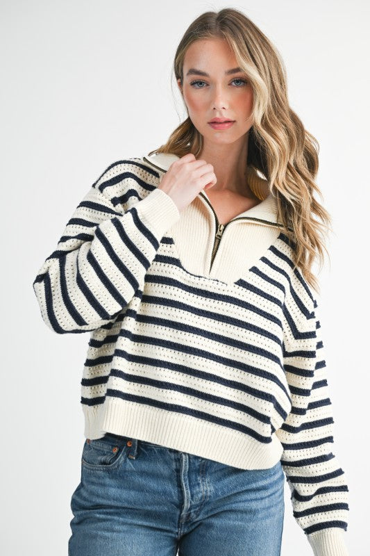Cream and black striped Half-Zip Pointelle knit sweater