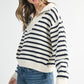 Cozy cream and navy stripe half-zip pointelle knit sweater