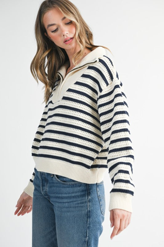Cozy cream and navy stripe half-zip pointelle knit sweater