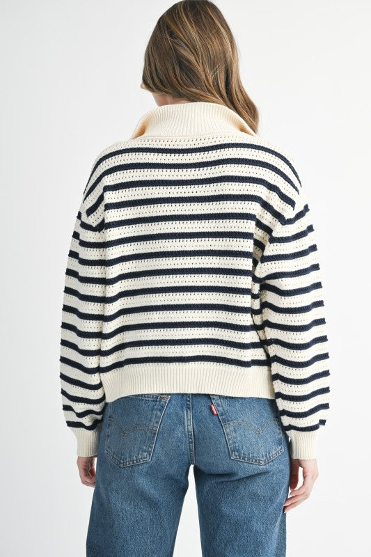 Half-Zip Pointelle Stripe Sweater in cozy cream navy knit stripes