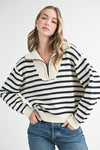 Cozy off-white navy stripe half-zip pointelle knit sweater