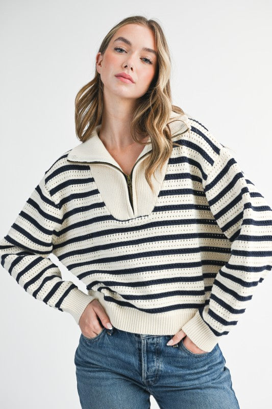 Cozy off-white navy stripe half-zip pointelle knit sweater