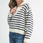 Cozy off-white navy blue striped hood knit Half-Zip Pointelle Stripe Sweater