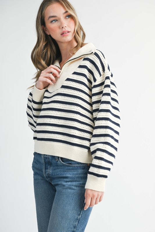 Cozy off-white navy blue striped hood knit Half-Zip Pointelle Stripe Sweater