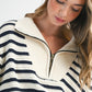 Half-Zip Pointelle Stripe Sweater in cream and navy blue