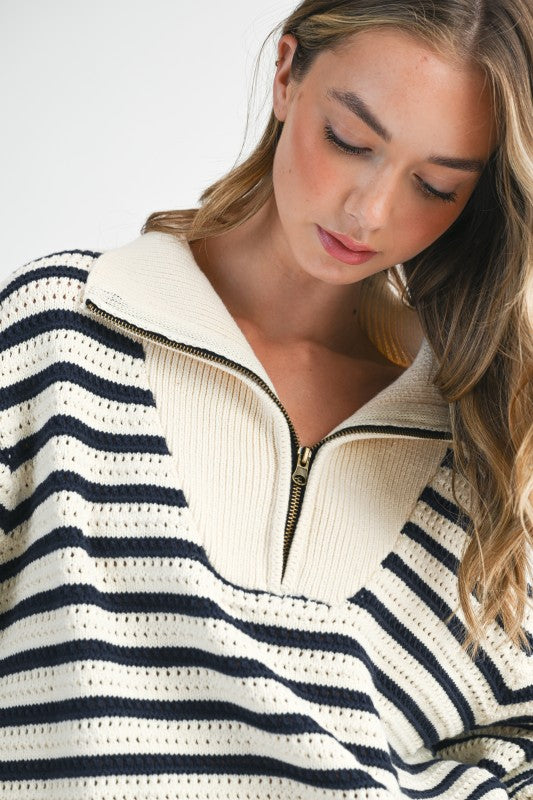 Half-Zip Pointelle Stripe Sweater in cream and navy blue