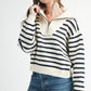 Cozy cream and navy Half-Zip Pointelle Stripe Sweater front view