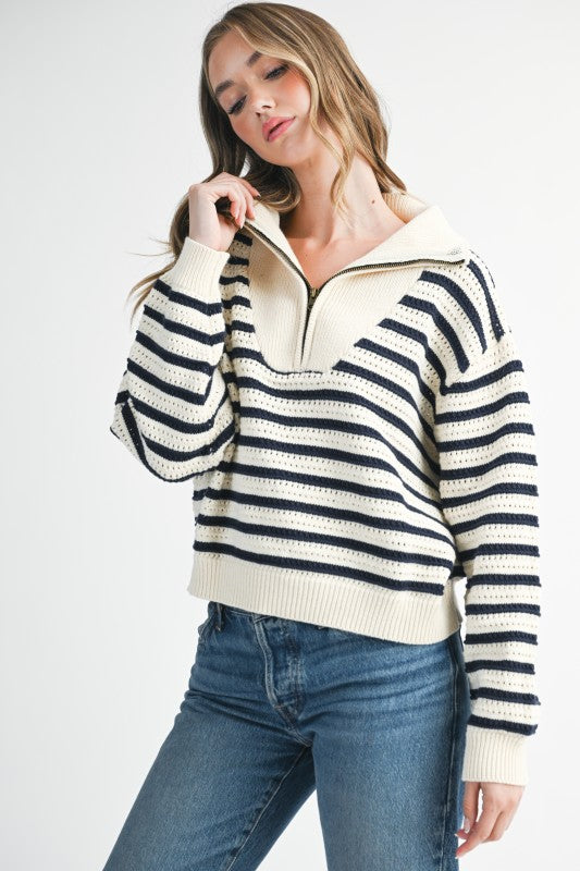 Cozy cream and navy Half-Zip Pointelle Stripe Sweater front view