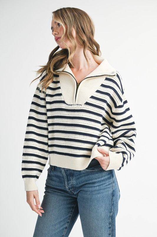 Cozy cream and navy Half-Zip Pointelle Stripe Sweater