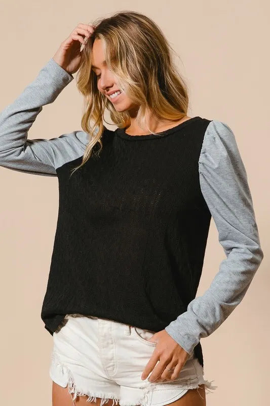 BiBi Cable Sweater Knit Top with Contrast Puff Sleeve | Knit Tops Daverri Fashions