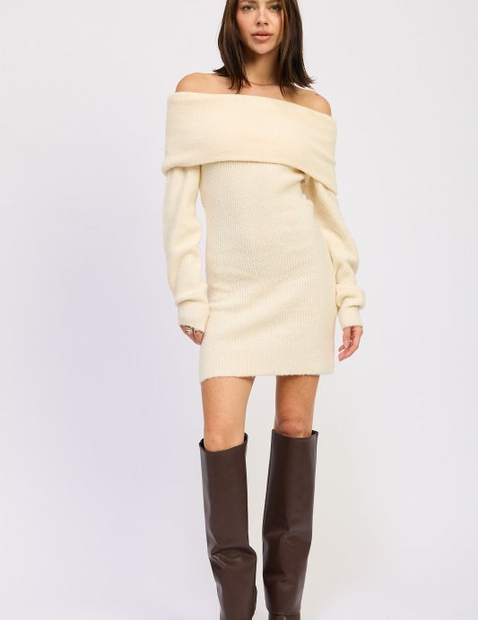 OATMEAL LONG SLEEVE OFF SHOULDER MINI KNIT DRESS | Dresses Daverri Fashions