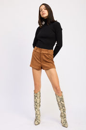 CARAMEL Suede Low rise Shorts | Shorts Daverri Fashions