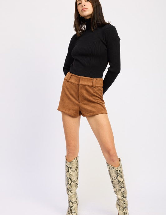 CARAMEL Suede Low rise Shorts | Shorts Daverri Fashions