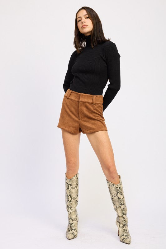 CARAMEL Suede Low rise Shorts | Shorts Daverri Fashions