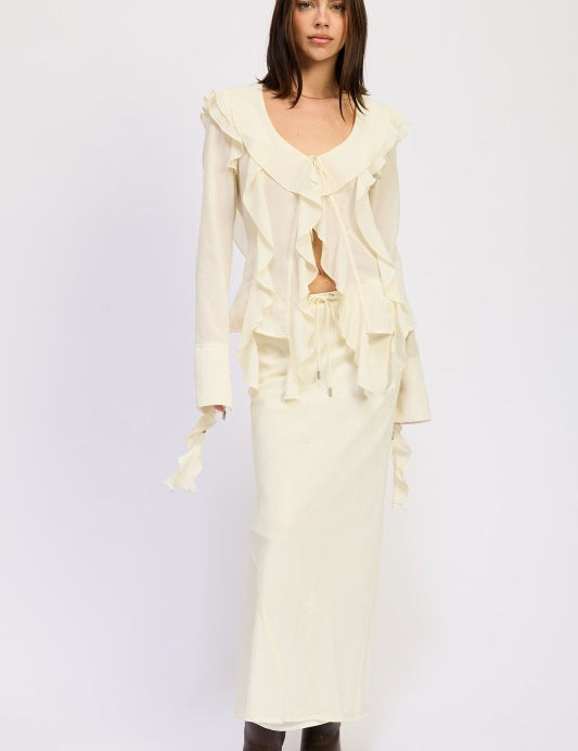 CREAM Satin Maxi Skirt with Drawstring | Daverri Fashions
