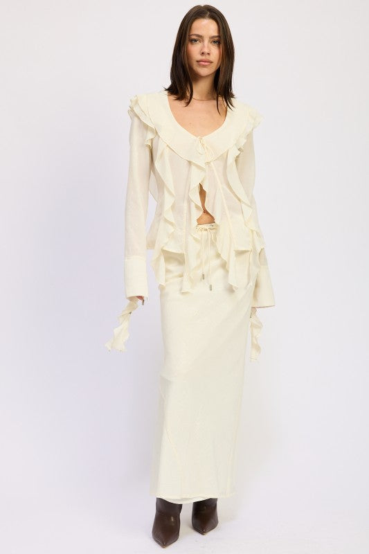 CREAM Satin Maxi Skirt with Drawstring | Daverri Fashions