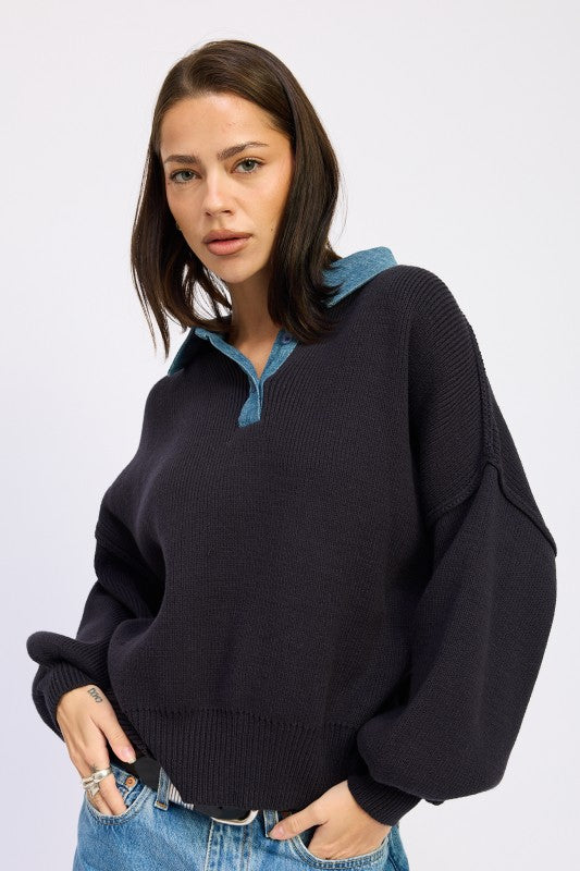 Emory Park Contrasted Oversized Sweater with Collar Sweaters