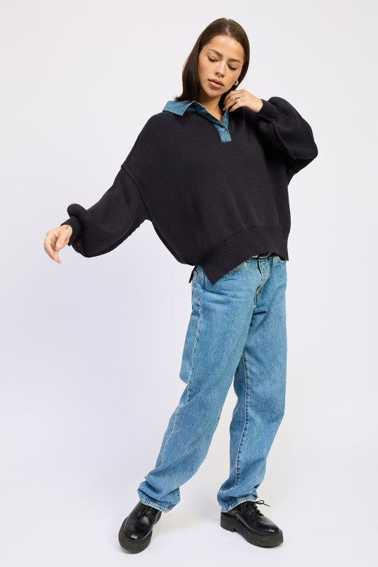 Emory Park Contrasted Oversized Sweater with Collar Sweaters