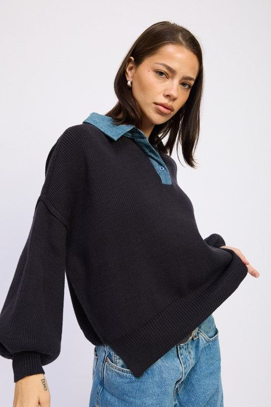 Emory Park Contrasted Oversized Sweater with Collar Sweaters
