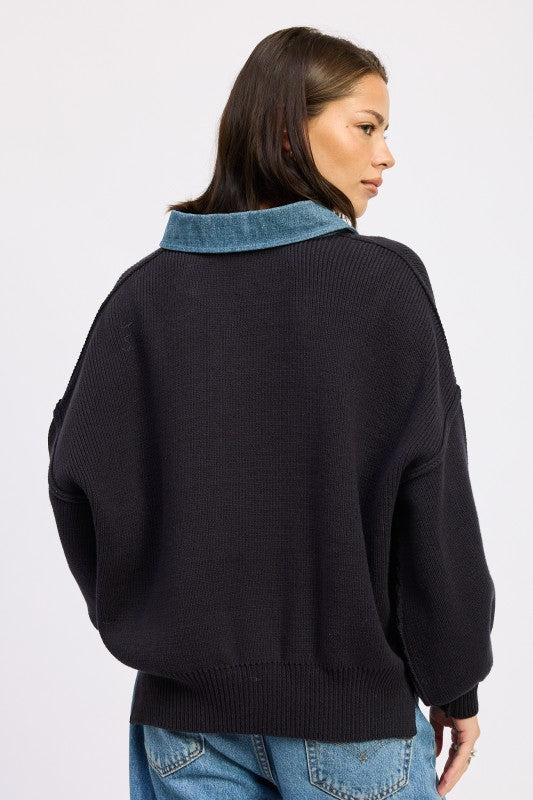 Emory Park Contrasted Oversized Sweater with Collar Sweaters