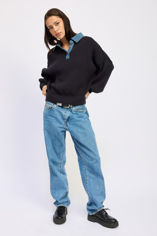 Emory Park Contrasted Oversized Sweater with Collar Sweaters