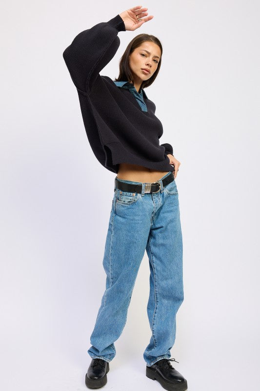 Emory Park Contrasted Oversized Sweater with Collar Sweaters