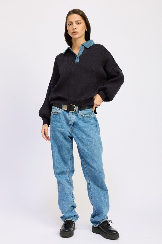 Emory Park Contrasted Oversized Sweater with Collar Sweaters