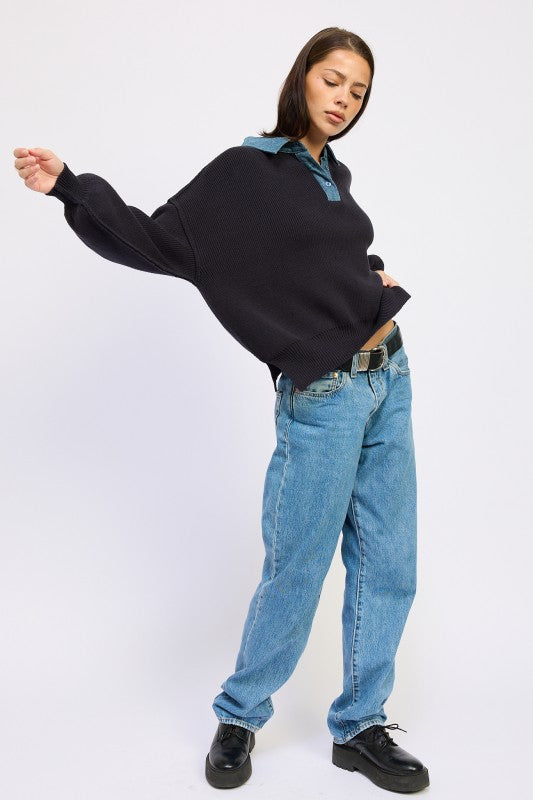Emory Park Contrasted Oversized Sweater with Collar Sweaters