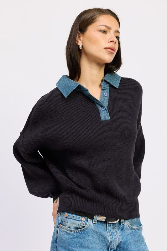 Emory Park Contrasted Oversized Sweater with Collar Sweaters