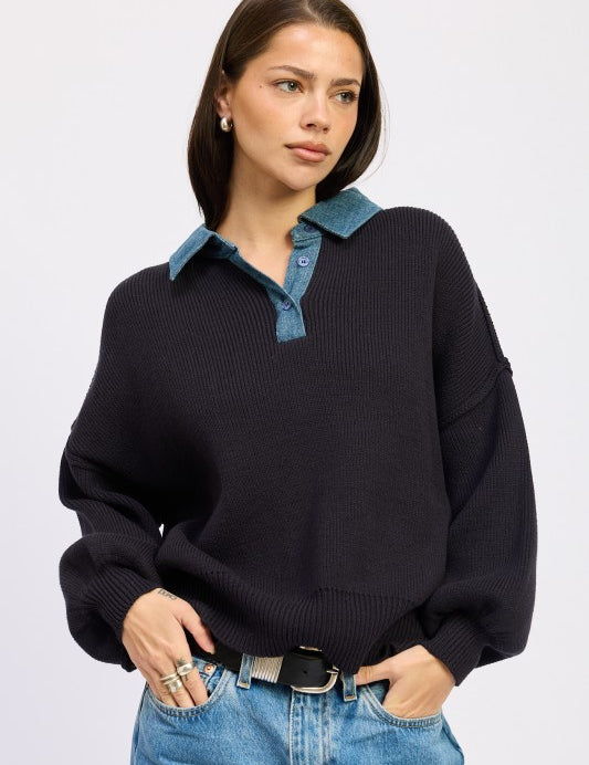 NAVY Emory Park Contrasted Oversized Sweater with Collar | Sweaters Daverri Fashions