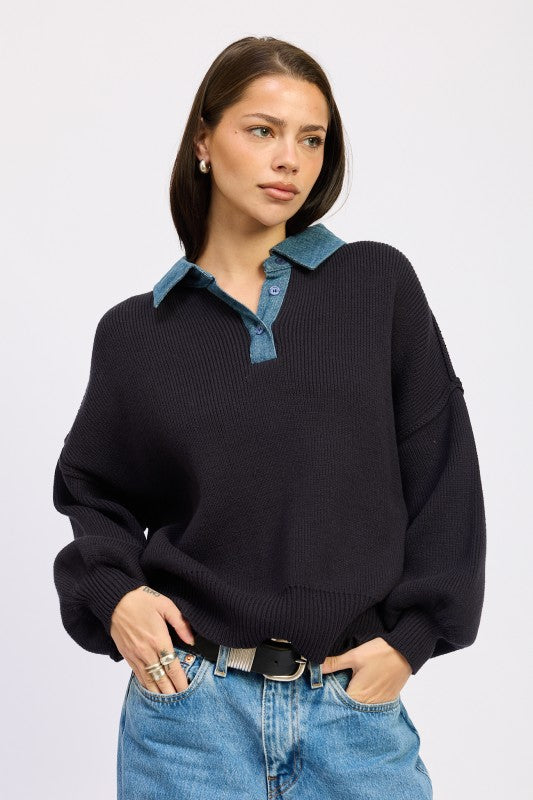 Emory Park Contrasted Oversized Sweater with Collar NAVY Sweaters