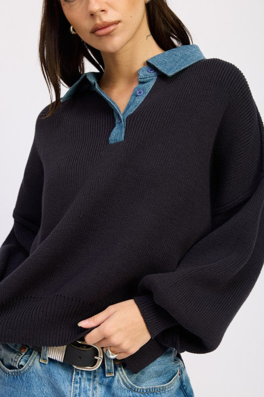 Emory Park Contrasted Oversized Sweater with Collar Sweaters