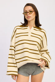 IVORY OLIVE STRIPE Oversized Striped Collar Sweater | Sweaters Daverri Fashions
