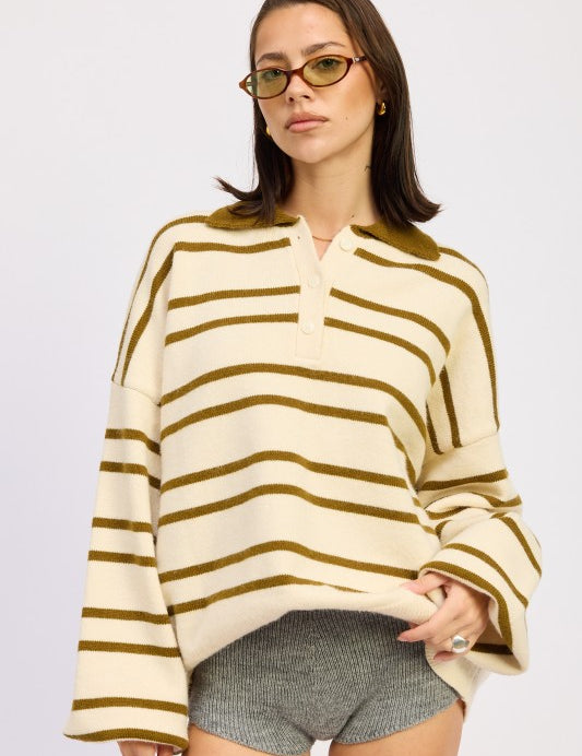 IVORY OLIVE STRIPE Oversized Striped Collar Sweater | Sweaters Daverri Fashions