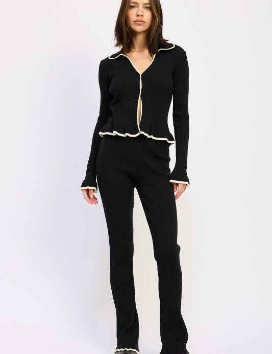 BLACK FLARED KNIT PANT WITH LETTUCE HEM | Daverri Fashions