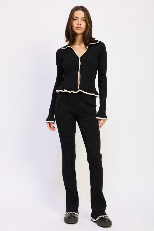 FLARED KNIT PANT WITH LETTUCE HEM BLACK