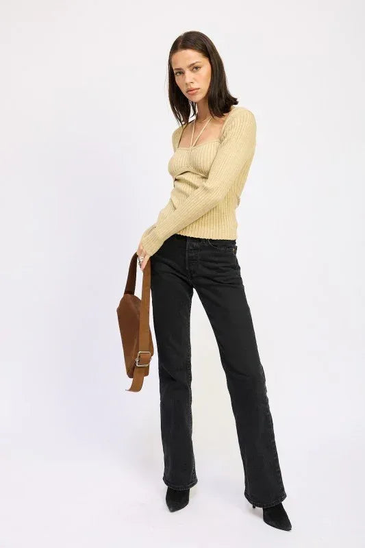 SQUARED NECK KNIT TOP WITH CUT OUT DETAIL - DAVERRI FASHIONS