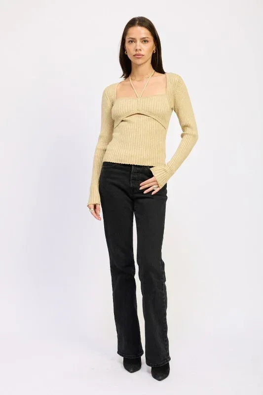 SQUARED NECK KNIT TOP WITH CUT OUT DETAIL - DAVERRI FASHIONS