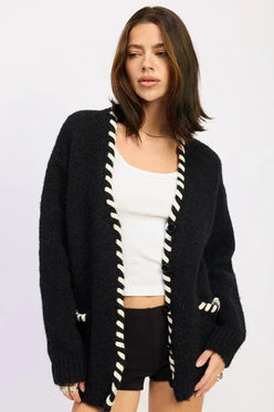 LEATHER TRIM CARDIGAN WITH BUTTONS - DAVERRI FASHIONS