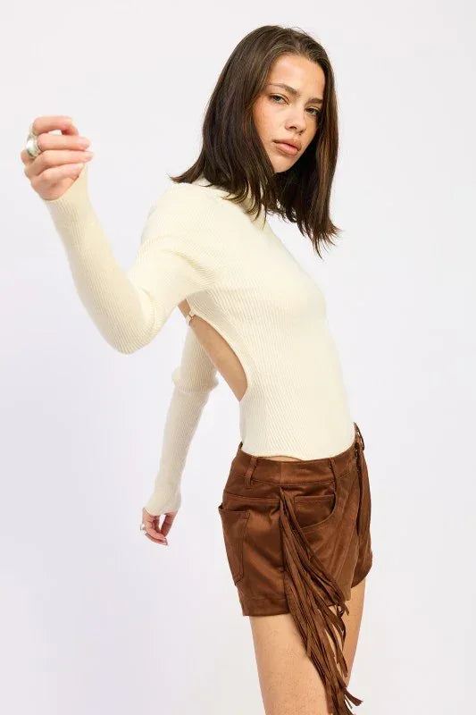 Long Sleeve Turtle Neck Bodysuit with Open Back - DAVERRI FASHIONS