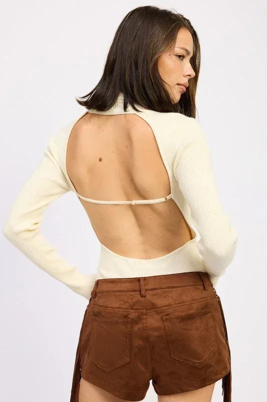Long Sleeve Turtle Neck Bodysuit with Open Back - DAVERRI FASHIONS