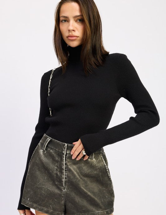 BLACK Long Sleeve Turtle Neck Bodysuit with Open Back | Bodysuits Daverri Fashions