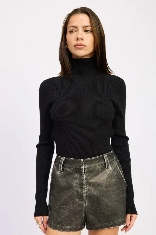 Long Sleeve Turtle Neck Bodysuit with Open Back - DAVERRI FASHIONS