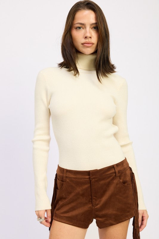 IVORY Long Sleeve Turtle Neck Bodysuit with Open Back | Bodysuits Daverri Fashions