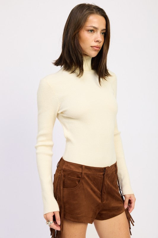 Long Sleeve Turtle Neck Bodysuit with Open Back | Bodysuits Daverri Fashions